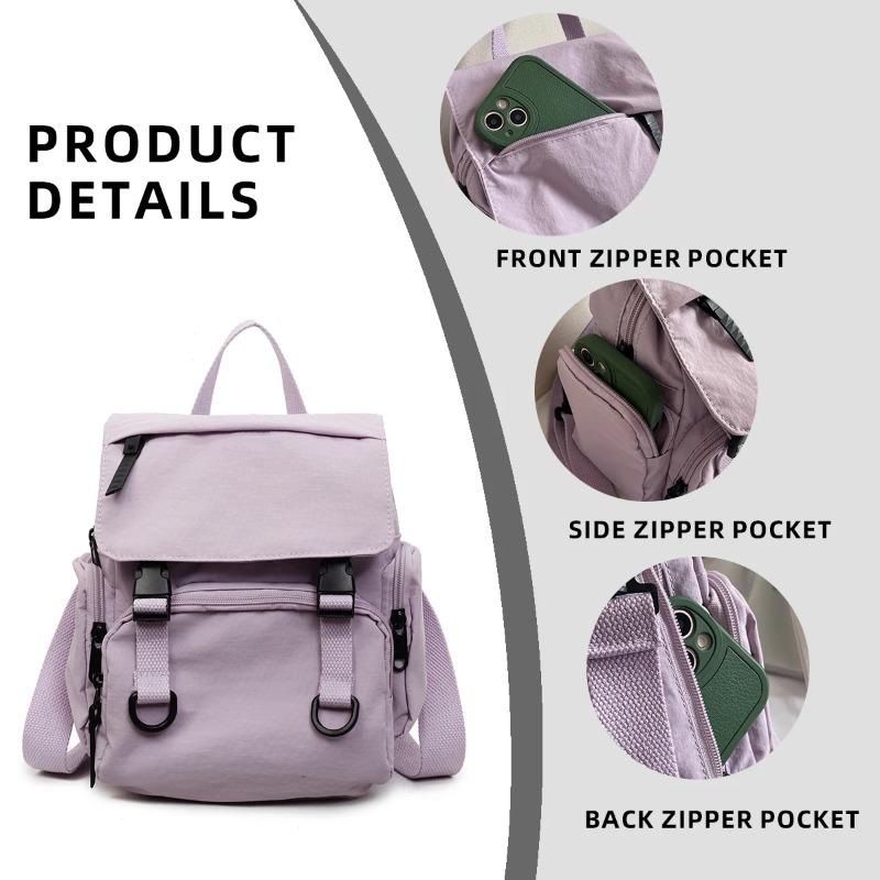 Women Nylon Backpack Convertible Shoulder Bag Casual Travel Daypack Multi Pocket Lightweight School Backpack with Flap