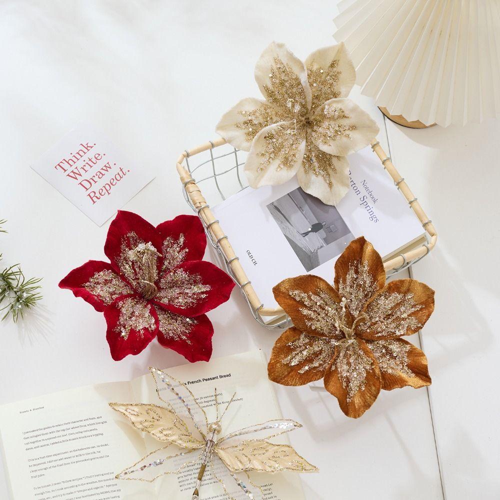 19cm Artificial Poinsettia Glitter Flower Sequin Glitter 3D Simulation Flower Simulation Flannel Photography Props