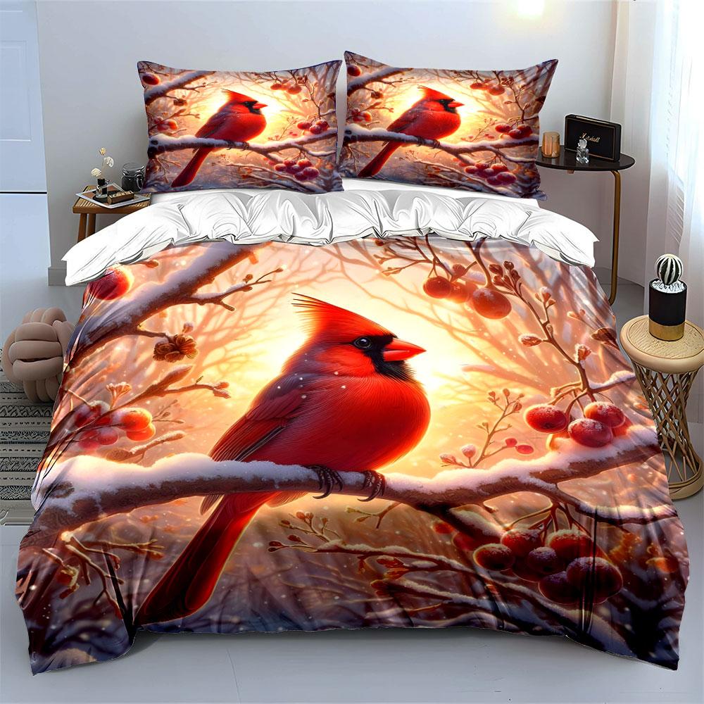 Winter Scenery with Cardinal Trio Kid's and Adults' Bedroom Decor, Exquisite Three-piece Bedding Set Gift