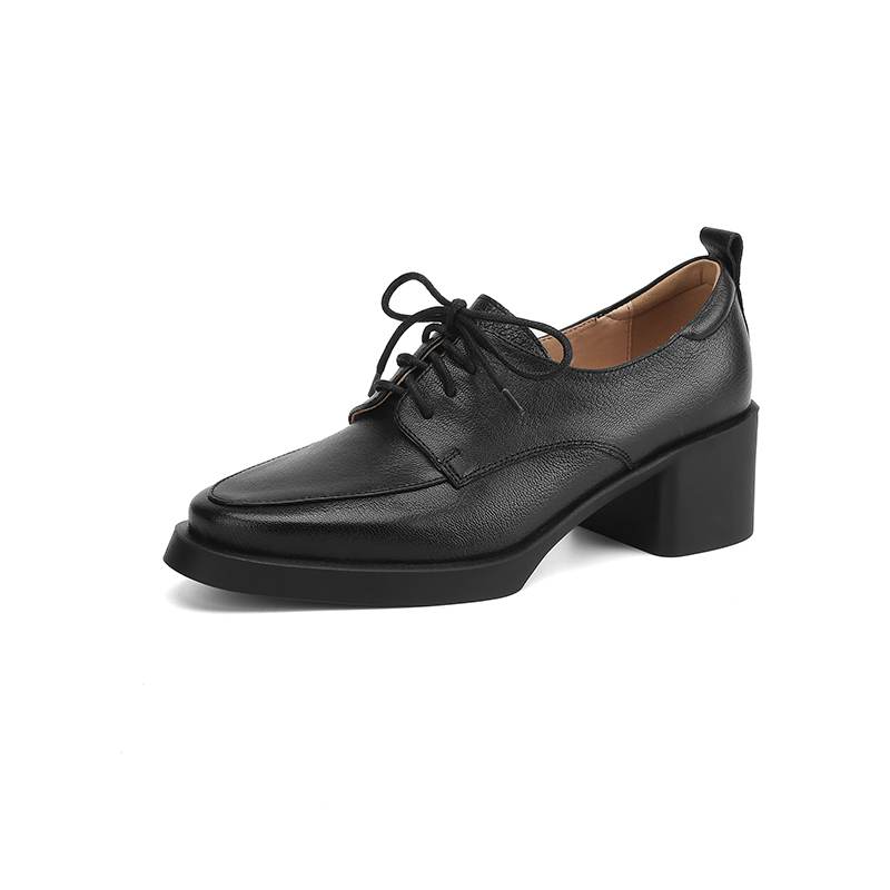 Krazing Pot Sheepskin Autumn Winter Shoes Chunky Heels Size 43 Size 42 Round Toe Lace Up Deep Mouth Retro Fashion Pumps