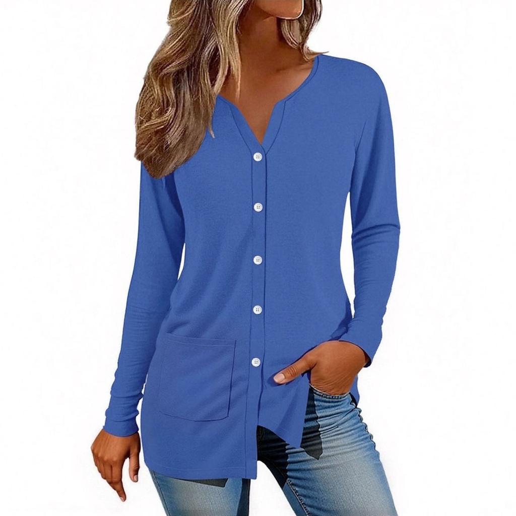 Women V-neck Long Sleeve Casual Cardigan With Pocket