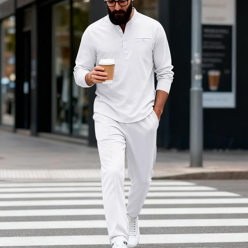 

Spring And Autumn Style Small Twill Round Neck Loose Simple Commuting Casual Henley Shirt Long Sleeve Long Pants Set For Men S белый