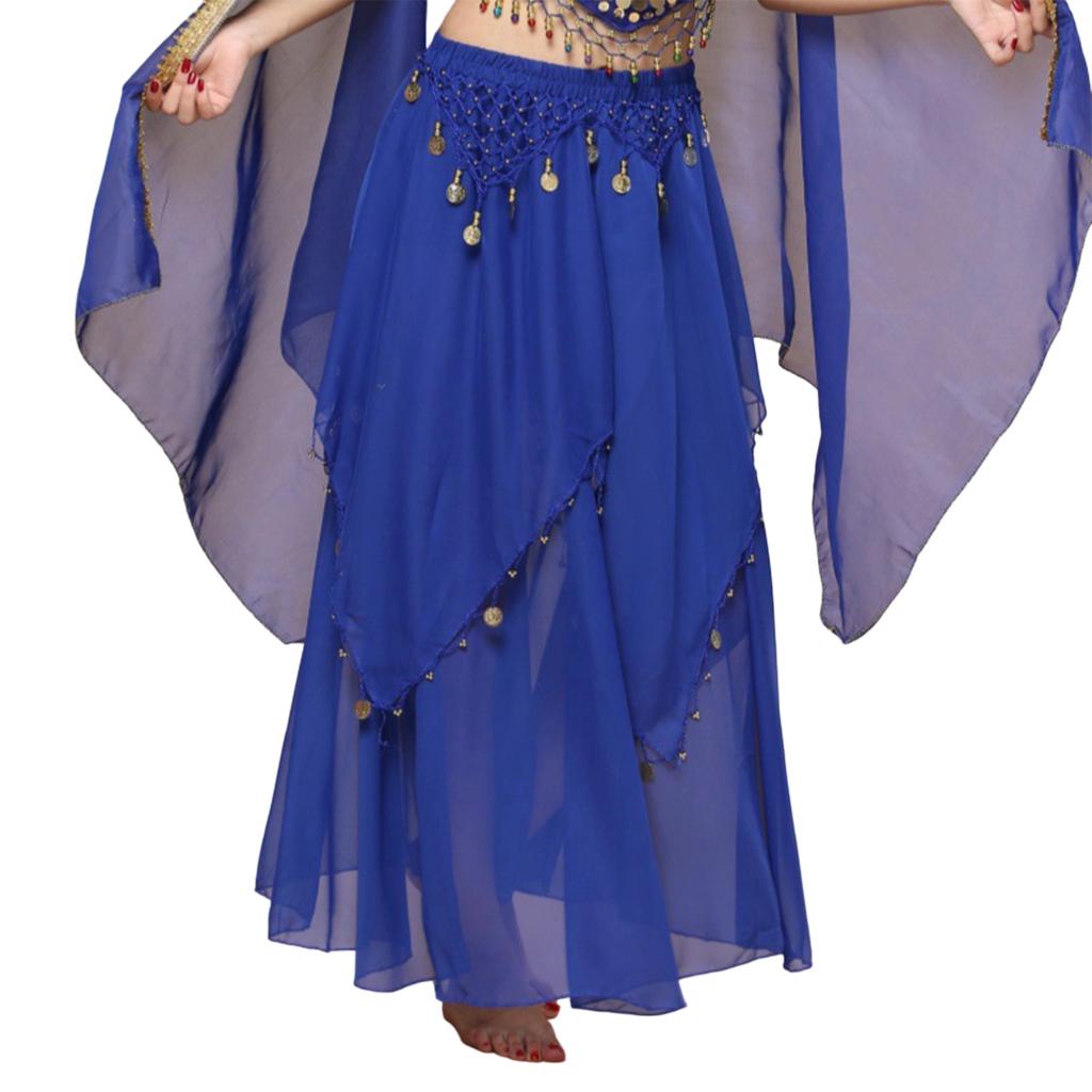 Fashion Ladies' Belly Dance Skirt Chiffon Big Swing Skirt Women Sequin Stage Performance Dress Solid Color Half Body Skirt