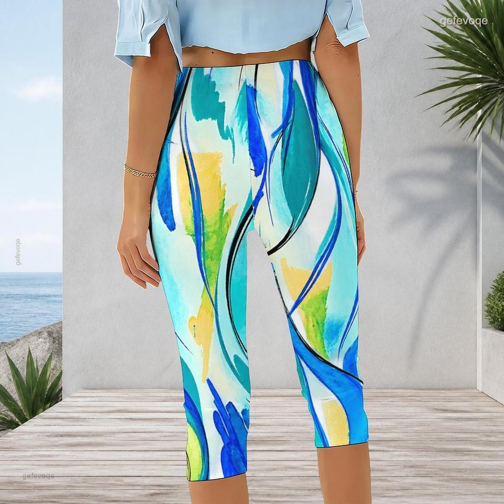 Women Plus Size Capri Leggings Abstract Blue X Graffiti Checkered Print High Waist Stretchy Workout Yoga Casual Cropped Pants
