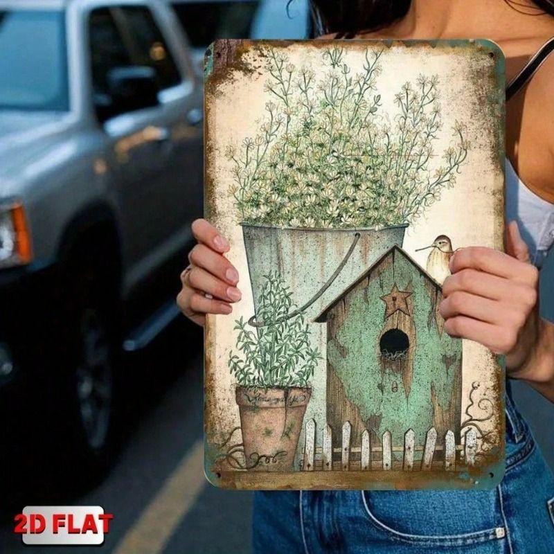 

Metal Wall Art Vintage Garden Decor Bird on Birdhouse for Porch Plant 8x12 Inch