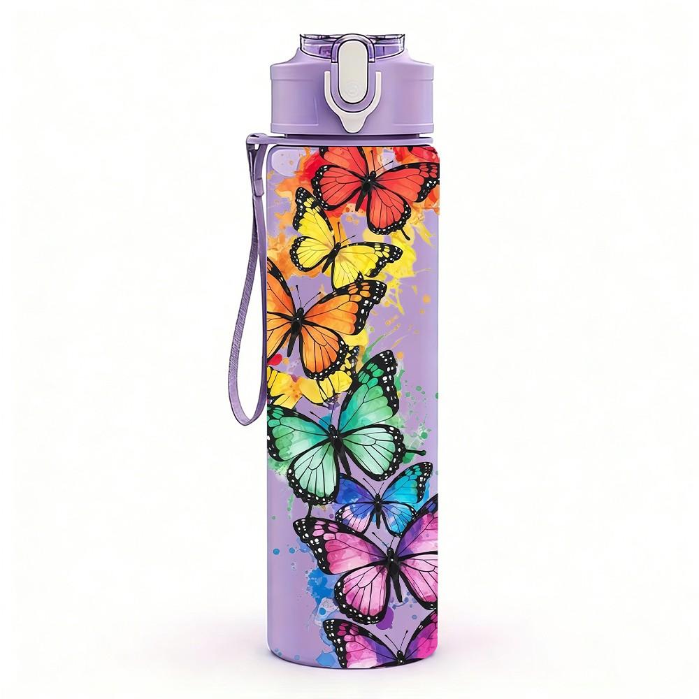 1PC Colorful Butterfly Wing Art 750ml Color Plastic Sports Water Bottle Leakproof Flip Straw Lid Suitable for Sports Office Home Use