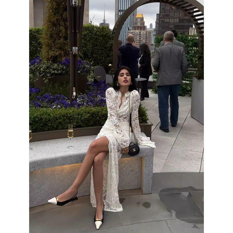 

French style Pure Desire Style Sexy Lace Hollow Deep V-neck Bandage Slit High Waist Slim fit Long sleeve Slit Dress Women White L