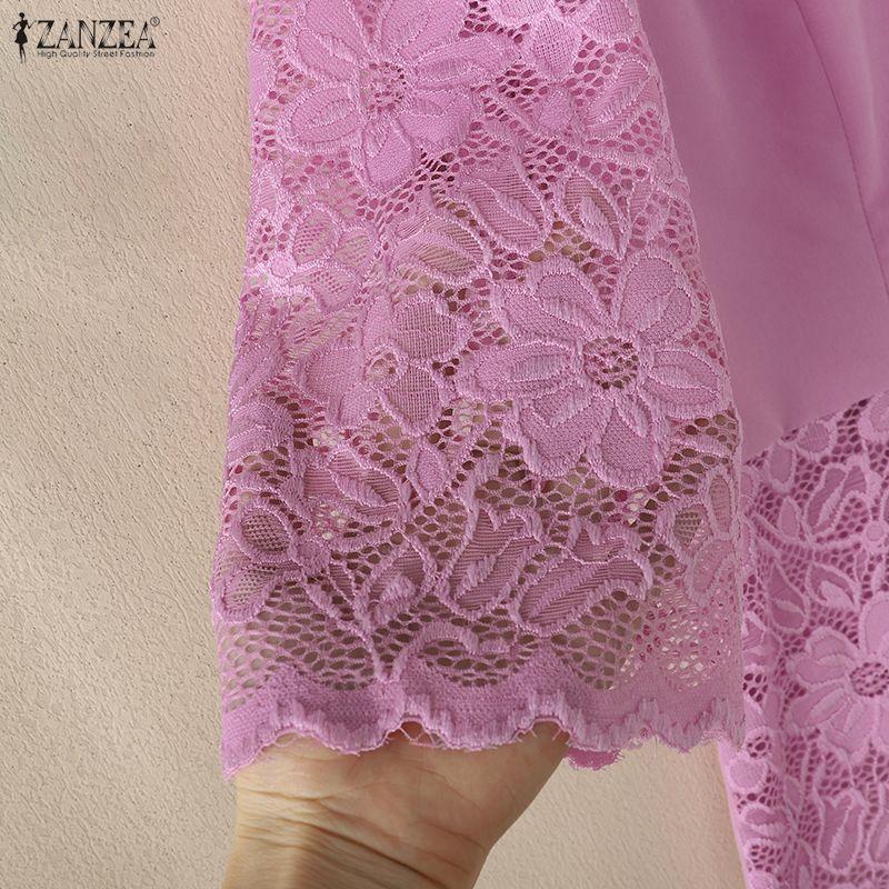 ZANZEA Women Casual Lace Crochet Splice 3/4 Sleeve Loose Blouse