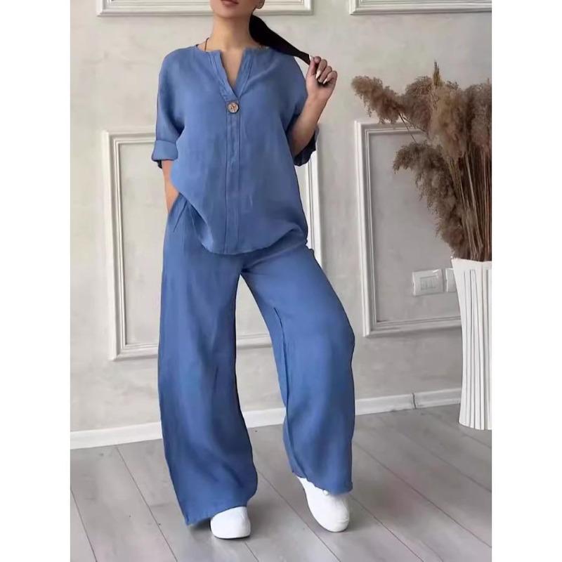 Fashionable European and American Women's Comfortable Loose Tops Wide-legged Pants Casual Cotton Linen Suit Plus Size