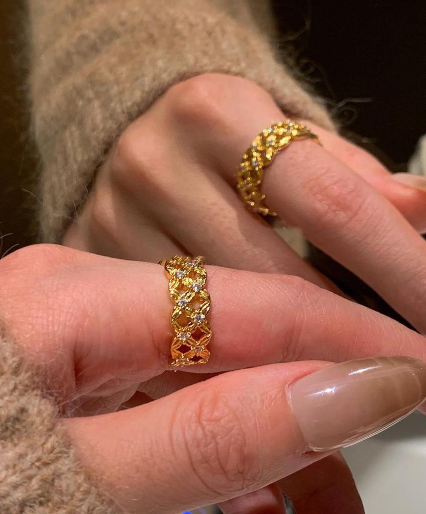 18k Gold Plated Zircon Ring: Exquisite Luxury Openwork Design, High-End Hand Jewelry.