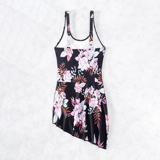 Women Swimsuit U-Neck Sleeveless Padded Swimming Dress Side Knot Irregular Hem Floral Print Monokini
