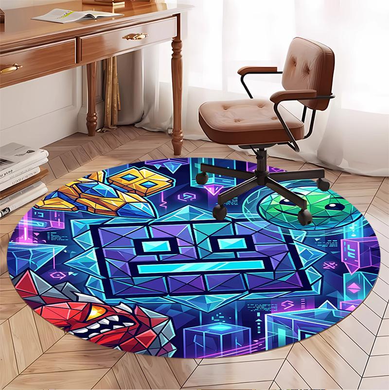 Geometry Dash Pattern Round Rug, Indoor/Outdoor Mat, for Picnic, Gameroom, Bedroom, Office, Living Room, Home Decor Carpet, Birthday Gift