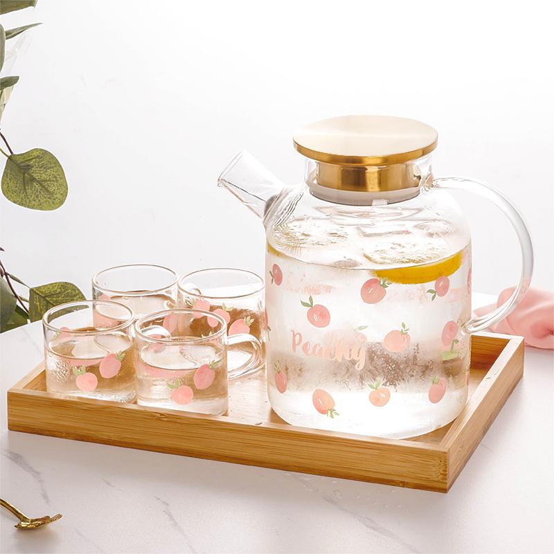 Kawaii Peach Glass Jug Cold Kettle Set Large Capacity Fruit Juice Glass Kettle Heat Resistant Glass Teapot Home Tea Maker Mug