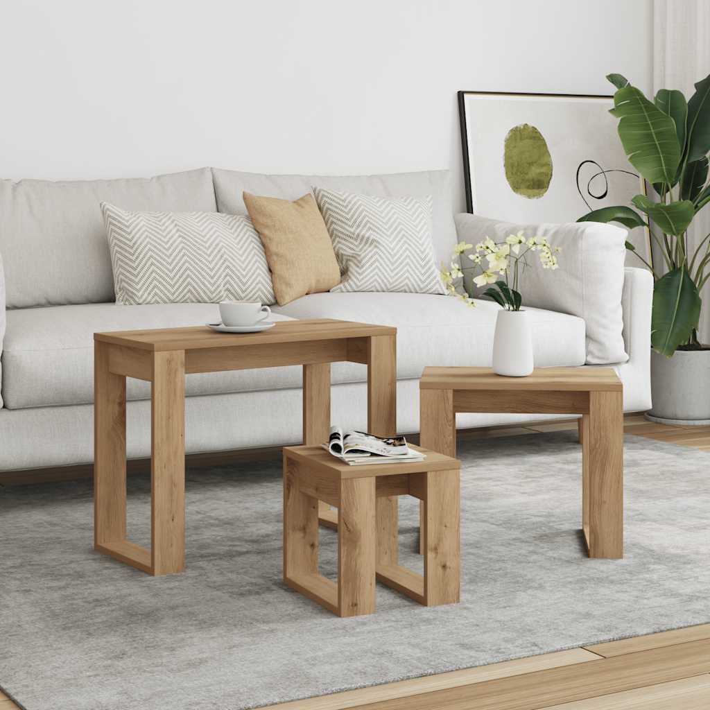 Set of 3 Tables Artisan Oak Wood Based Material