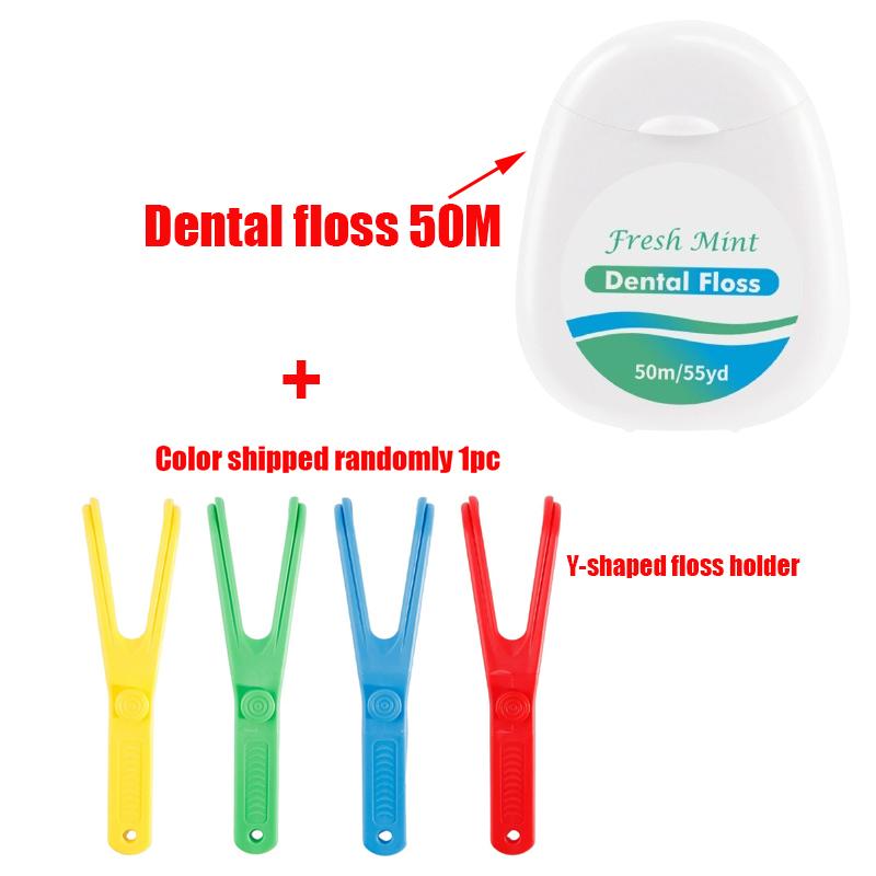 

50M Dental Floss with Holder Teeth Cleaning Picks Reusable Replaceable Handle Stick Tool Threader for Braces