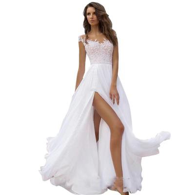 A-Line Boho Wedding Dresses for Bride Long Chiffon Slit Bridesmaid Dress Lace V-Neck Evening Gown for Prom Masquerade Beach