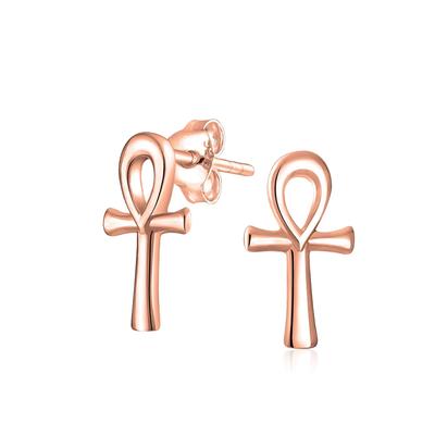Egyptian Ankh Cross Stud Earrings Minimalist Petite Delicate Religious Symbol Of Life For Women Rose Gold Micron Vermeil Sterling Silver For Men 2.5