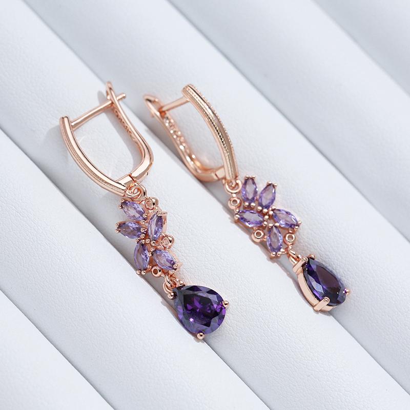Shiny Purple Natural Zircon Long Dangle Earrings For Women  Rose Gold Color Vintage Ethnic Bride Daily Fine Jewelry