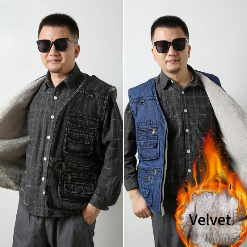Džínová pánská vesta XL-5XL Plus Size Podzimní a zimní ležérní zateplená sametem Outdoorová vesta s více kapsami