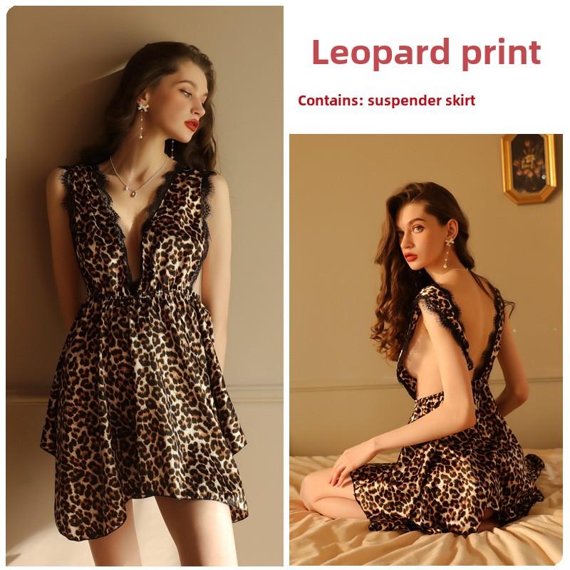 Sex Underwear Sexy Pajamas Lace Stitching Suspender Skirt Leopard Print Satin Nightdress