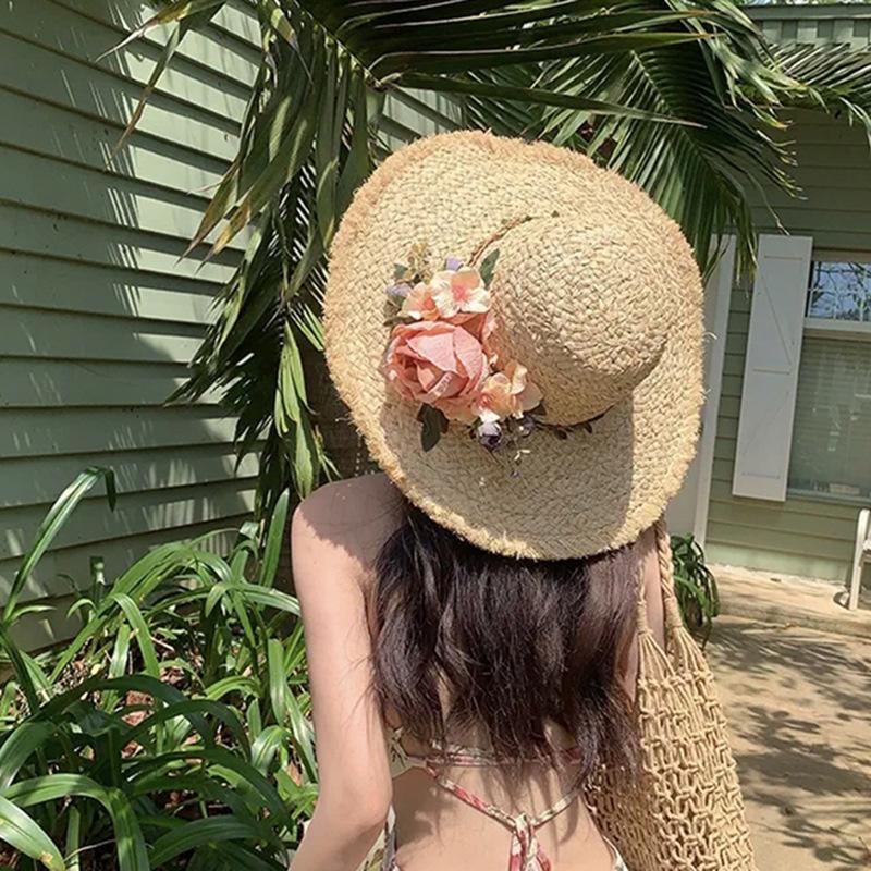 Women's Summer Floral Hand Woven Raffia Straw Hat French Style Wide Brim Sun Protection Hat Beach Vacation Sun Hat