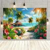 2D Plane 1 Tropical Beach Mural Featuring Vibrant Palm Trees Turquoise Water and Floral Designs
