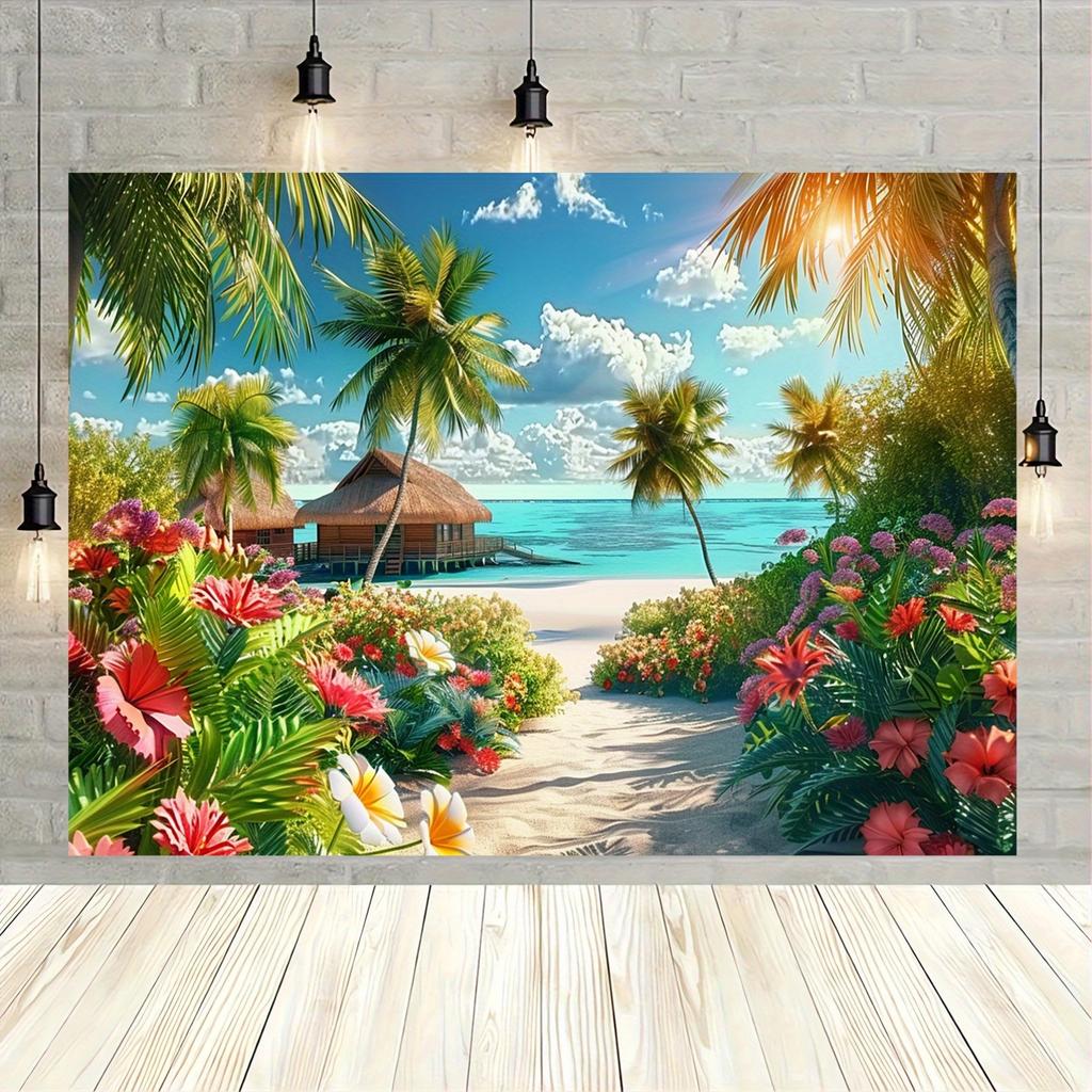 2D Plane 1 Tropical Beach Mural Featuring Vibrant Palm Trees Turquoise Water and Floral Designs
