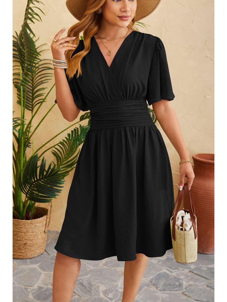 2024 Spring/Summer Women's V-Neck Waist-Cinching Flared Sleeve Dress