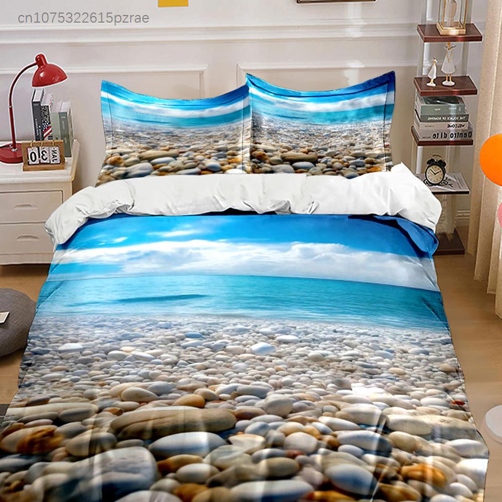 3Pcs Tropical Pebble Beach Bedding Set, Blue Sky And Sea Print Duvet Cover + 2 Pillowcases, Serene Coastal Pattern For Bedroom
