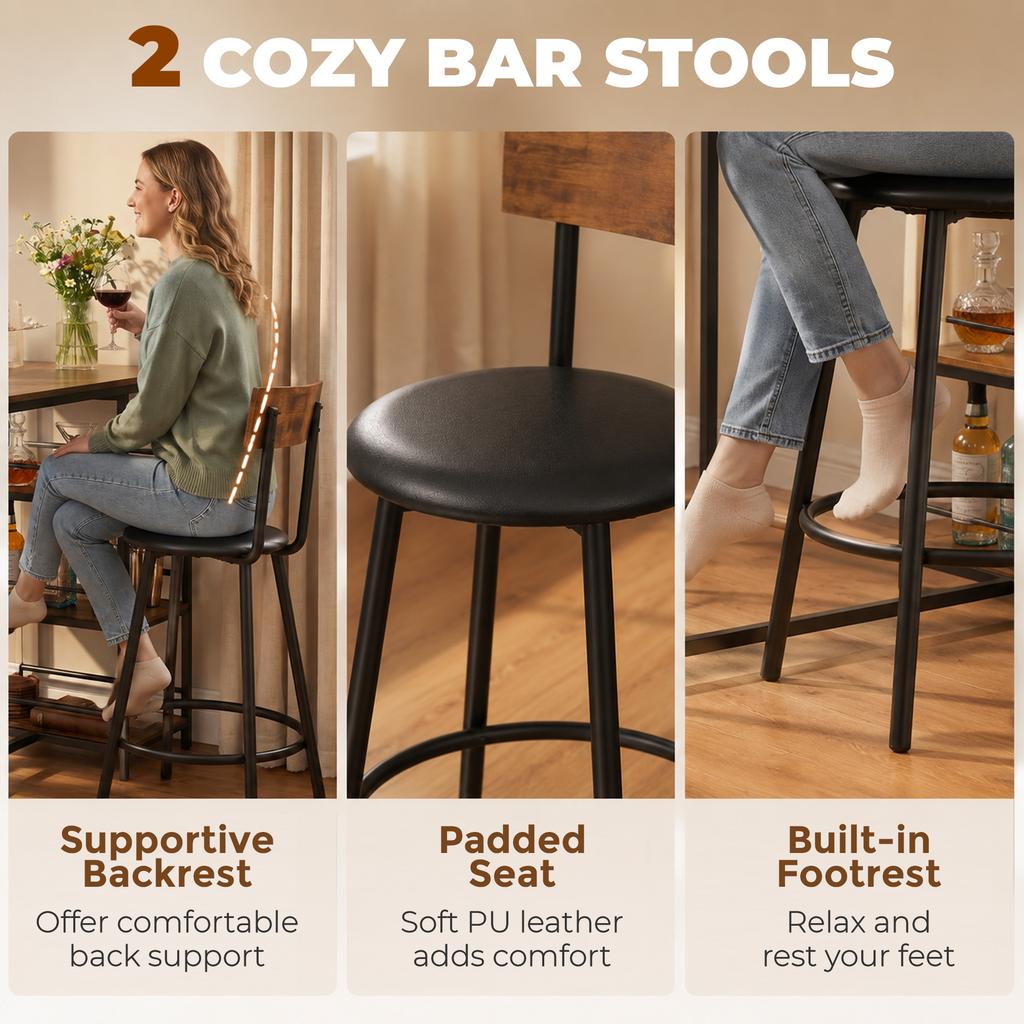 Space Saving Bar Table and PU Leather Stools for 2, 3 Piece Breakfast Bar Table Set with Storage Shelves, Rustic Brown