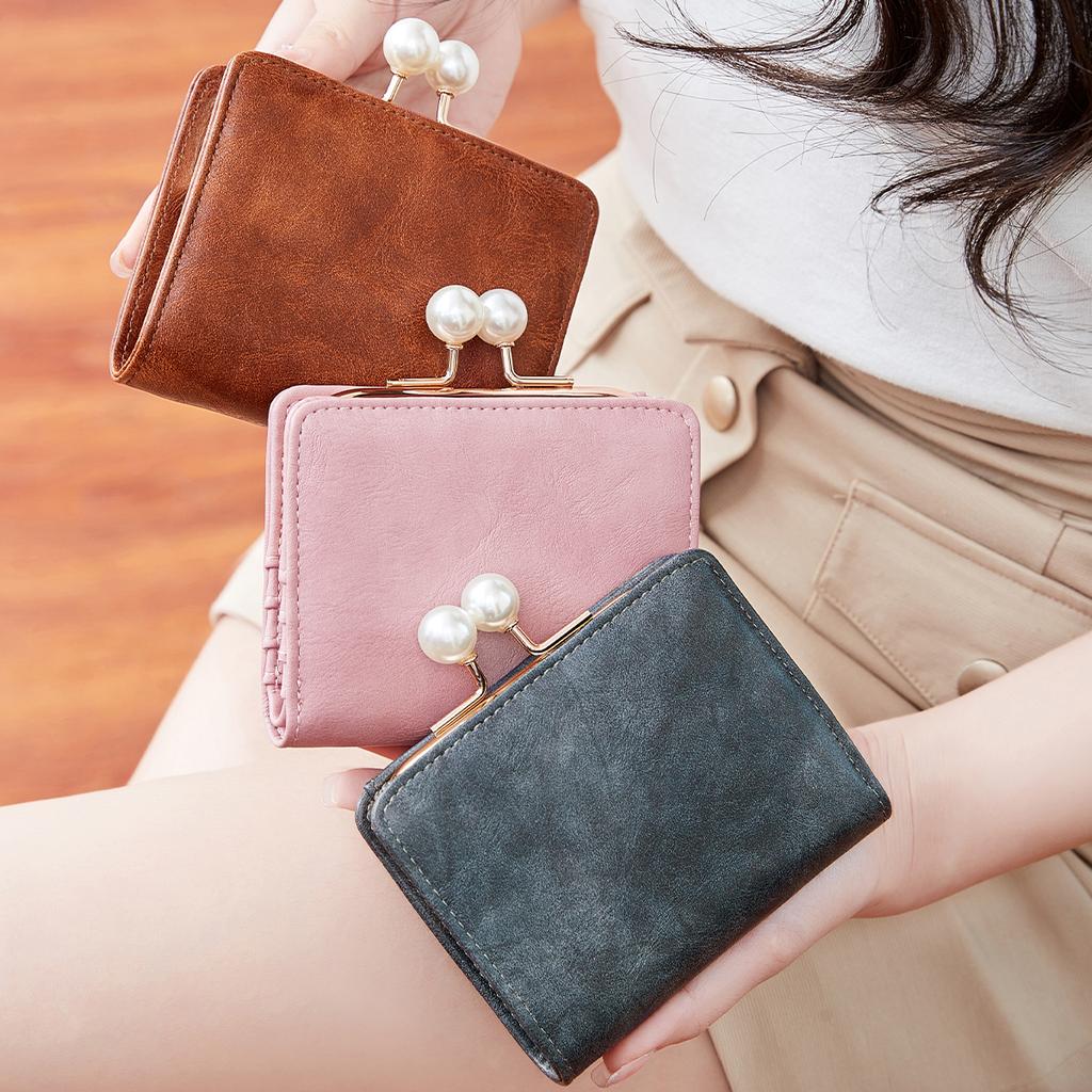 Women's Wallet Short Compact Three Layer LargeCapacity Retro Pearl Wallet PU Leather Multi Card Seat/Coin ZeroWallet