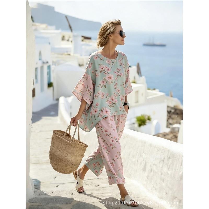 Clothing Bohemian Casual Suit 1116 Vintage Printed Wide Leg Pants Beach Vacation Ladies Two-piece Set