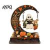 Crescent Moon Ghost Ornament Swinging On Halloween Decoration Spooky Reading Ghost/Skeleton Wooden Bookshelf Unique Table Centerpiece for Home Nook,