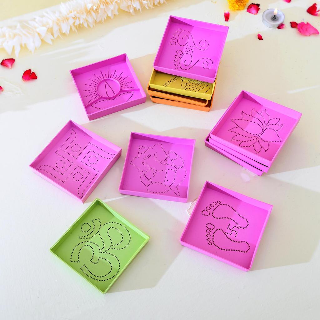 Different Design Ready to Draw Rangoli Making Stencils, Rangoli Plastic Stencils for Diwali , Floor Decoration (Set of 12, Size3x3 Inch)