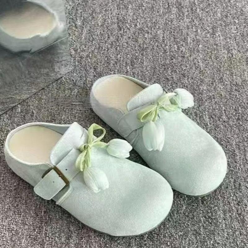 Fashion Women's Summer New Round Toe Deep Mouth Bow Flower Non-slip Wear-resistant Flats Platform Baotou Half Slippers