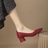 Fashion Comemore 2025 New Vintage Women's Pumps Shoes Round Toe Mid Heel Platform Shoes Retro Solid Color Chunky Heeled Red Dress Shoes