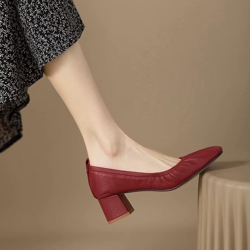 Fashion Comemore 2025 New Vintage Women's Pumps Shoes Round Toe Mid Heel Platform Shoes Retro Solid Color Chunky Heeled Red Dress Shoes