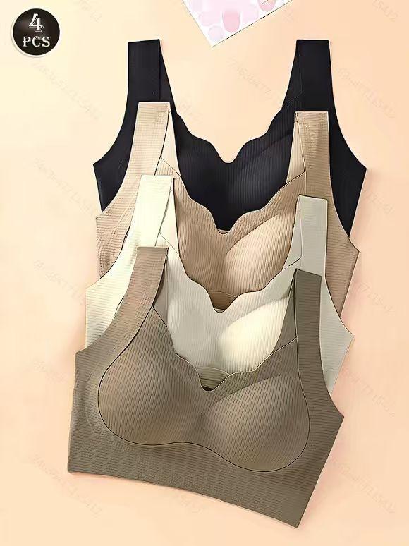 Confezione da 4 Reggiseni Donna Senza Cuciture Senza Ferretto Scollo a V Costine Morbide Comfort Bralette