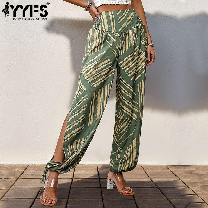 

YYFS Женская мода Повседневный Bohemia Print High Talya Брюки и капри S зелёный