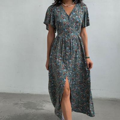 Letnia sukienka w stylu vintage w kwiaty z nadrukiem damska elegancka dekolt w serek sznurowana sukienka damska moda linia sukienki z krótkim rękawem Vestido 28113