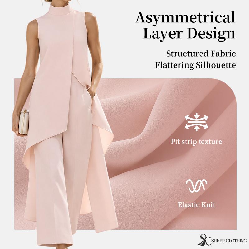 Women's High Neck Asymmetrical Sleeveless Top and Wide Leg Pants Two Piece Set