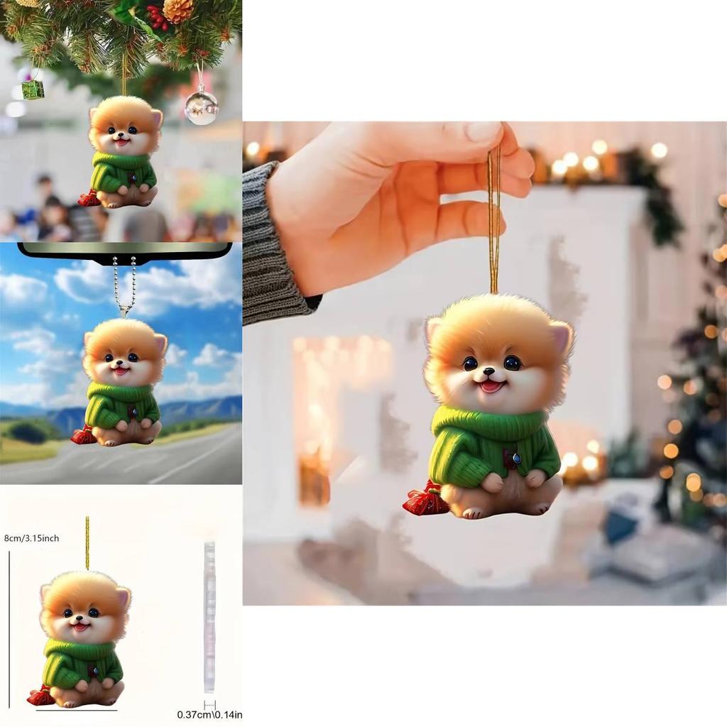 Adorable Plush Dog Acrylic Car Rearview Mirror Hanging Decoration Charm Gift