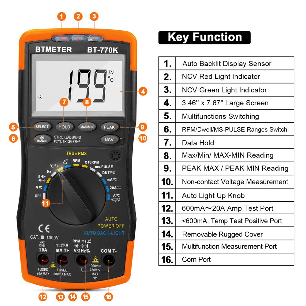 Professional Auto Range Digital Multimeter 770K 12 Function Car Diagnostic Tester TRMS NCV RPM Duty Cycle Temp Voltmeter Elec