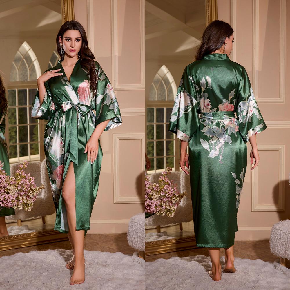Female Long Robe Loungewear Elegant Chinese Style Kimono Bathrobe Gown Negligee New Silky Satin Sleepwear Nightgown Loose Pajama