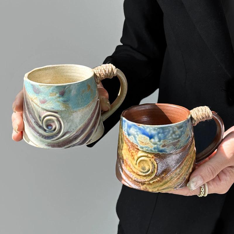 Coarse Ceramic Coffee Mugs, 320ml, Large Capacity, Wide Bottom, Transmutation Glaze Craft, Handmade Pottery Mug, Tea Cups with Hemp Rope Handle