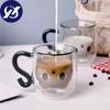 Double Wall Glass Milk Juice Cup Creative Cute Cat Shape Coffee Mug Cartoon Couple Teacup with Cover Household Office Drinkware