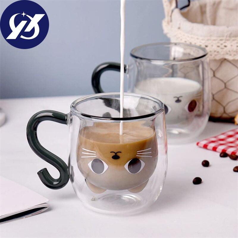 Double Wall Glass Milk Juice Cup Creative Cute Cat Shape Coffee Mug Cartoon Couple Teacup with Cover Household Office Drinkware
