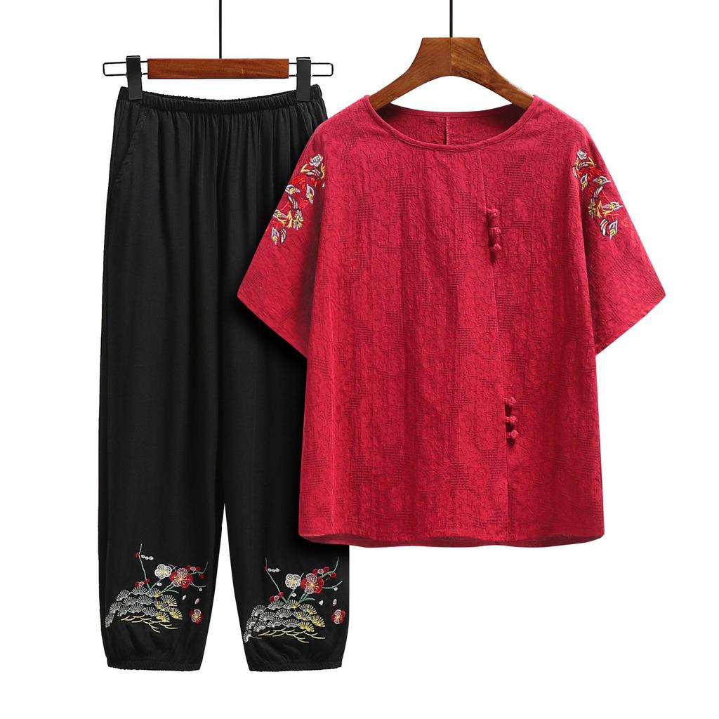 Sommerkleidungsanzug für Mütter mittleren Alters Baumwoll-Leinen Kurzarm-T-Shirt Wadenlange Hosen Sets Für Damen 2-teiliges Outfit