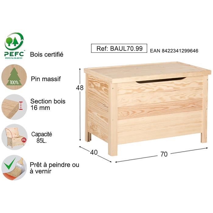 Coffre De Rangement En Pin Massif Brut 85L 70 X 40 X 48 Cm