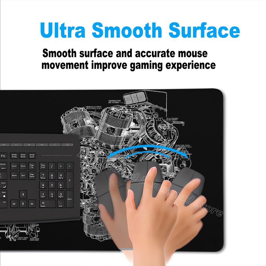 Tappetino per Mouse Nero Grande Disegno Meccanico Ingegnere Mousepad HD XXL Minimalismo Mousemat Tappeto di Gomma Tappetino per Scrivania Accessorio per PC Gaming